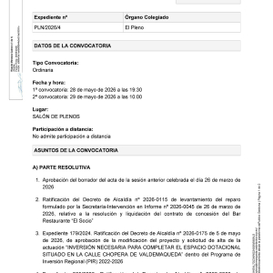 Convocatoria a Pleno sesión ordinaria, jueves 28 de mayo a las 19:30h